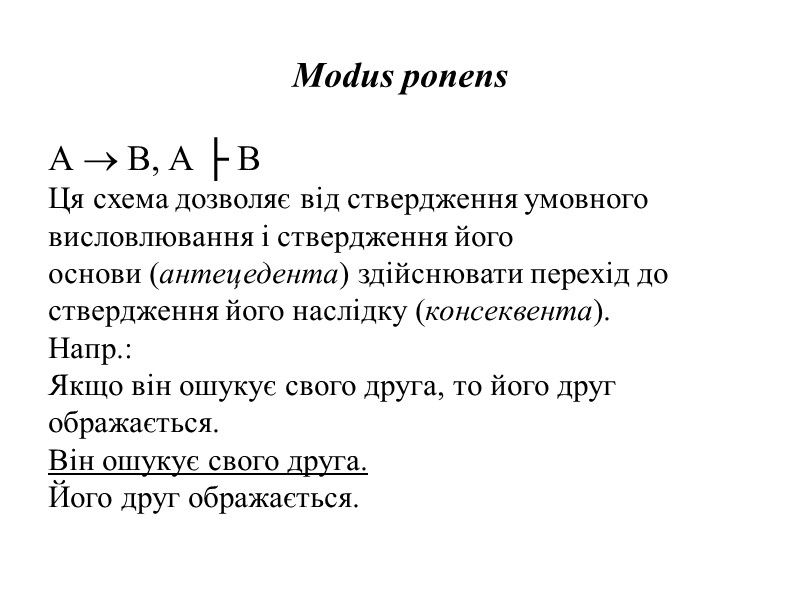 Modus ponens  А  В, А ├ В Ця схема дозволяє від ствердження